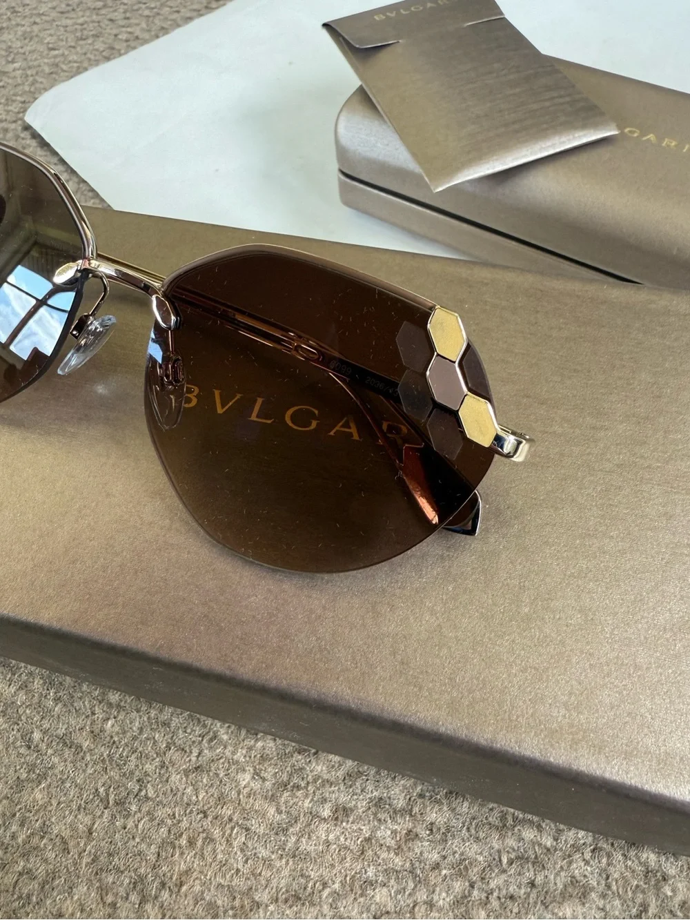 BVLGARI Serpenti Poisoncandy Soft Cat Eye Metal Gold Frame Sunglasses NWT